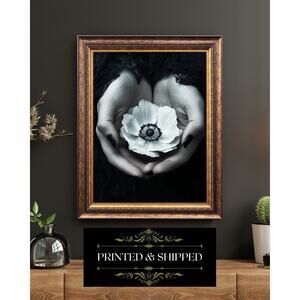 Gothic Hands Holding White Flower Dark Floral Black And White Wall Art Print